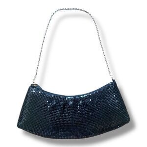 Vintage Cache Black Sequin Mini Baguette Bag Silver Chain Handle Event Purse